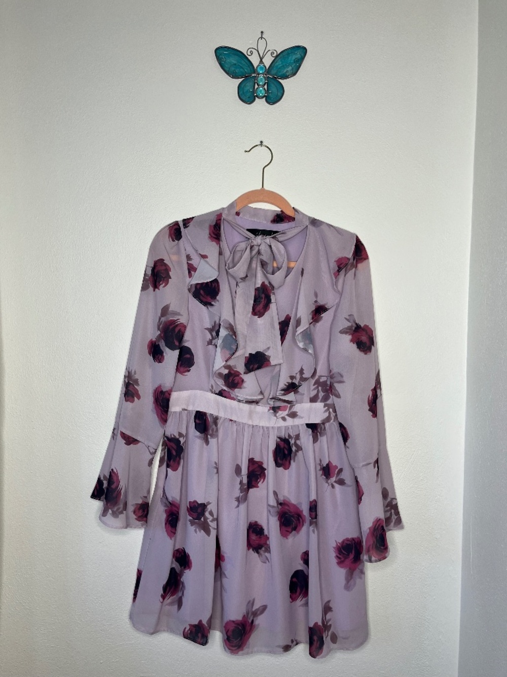 Purple Floral Short Dress with Neck Tie